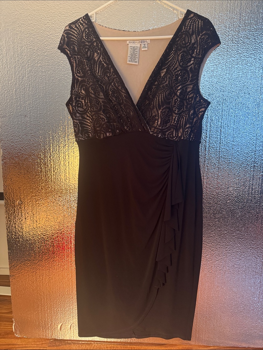 Maggy London Black Lace V-Neck Cocktail Dress with Nude Lining